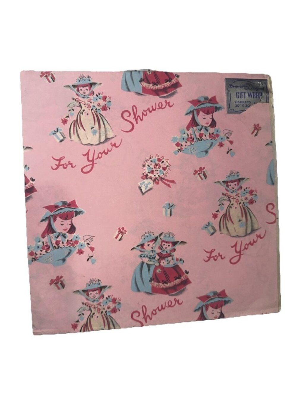 Vintage Dennison Gift Wrap Paper Baby Shower Pink 1950’s Brand New NOS USA 20x30